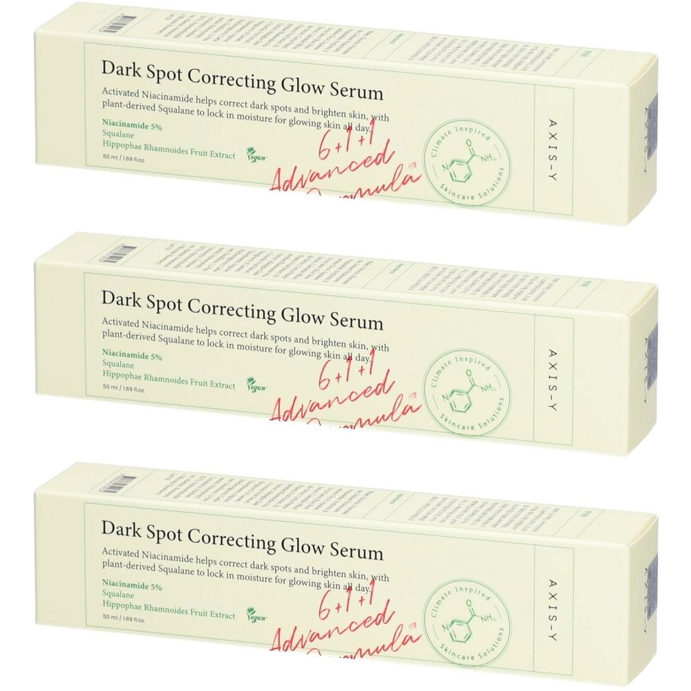 Drie dozen "Dark Spot Correcting Glow Serum". Tekst: AXIS-Y, 6+1+1 Advanced Formula.