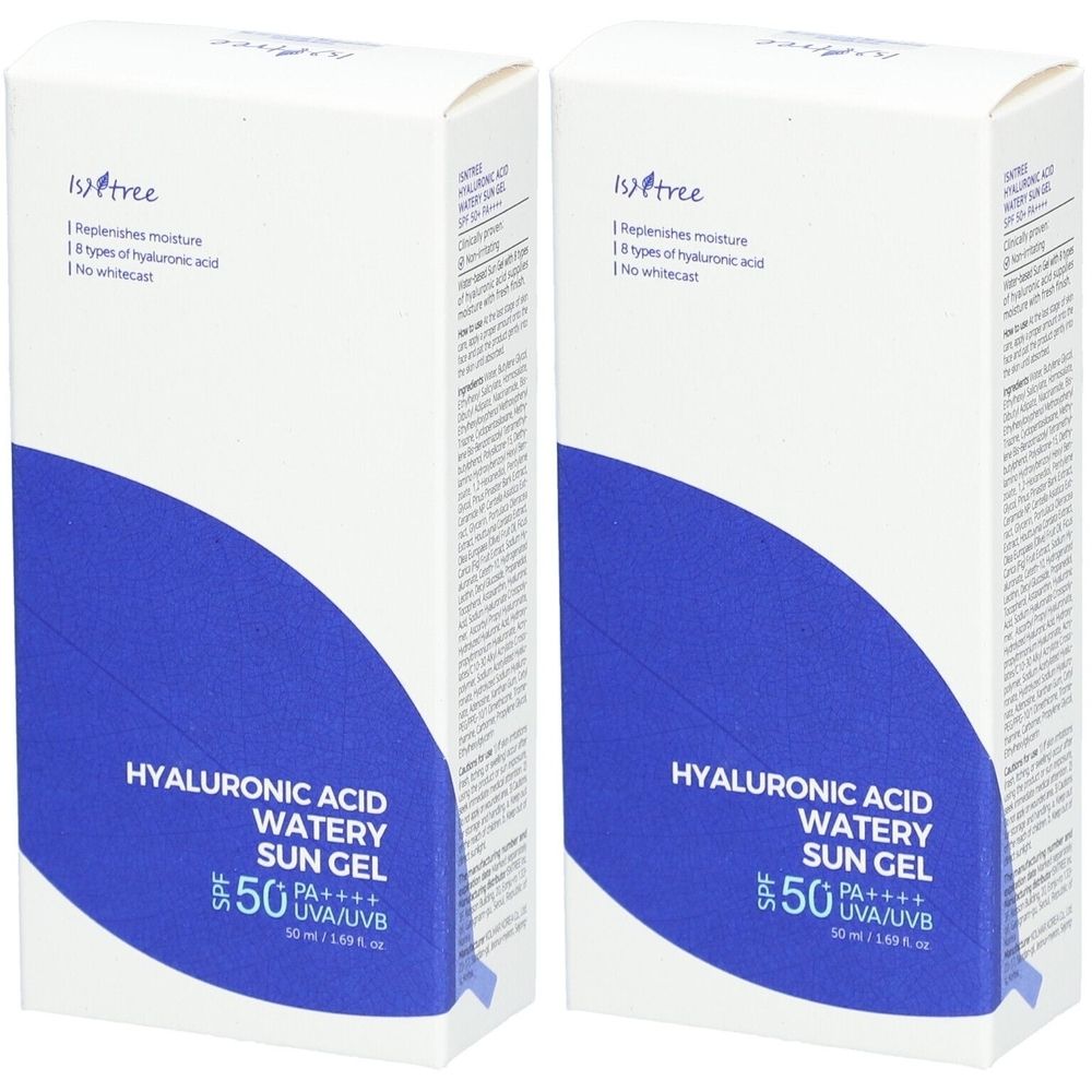 Twee witte dozen met blauwe afbeelding. Opschrift: Hyaluronic Acid Watery Sun Gel, SPF 50. Merk: Istree.
