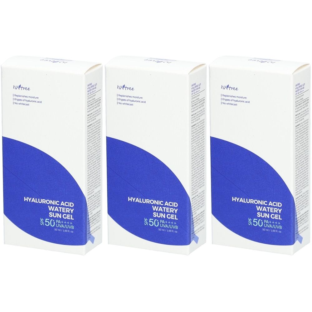 Drie witte dozen met blauwe halve cirkel. Opschrift: Hyaluronic Acid Watery Sun Gel, factor 50.