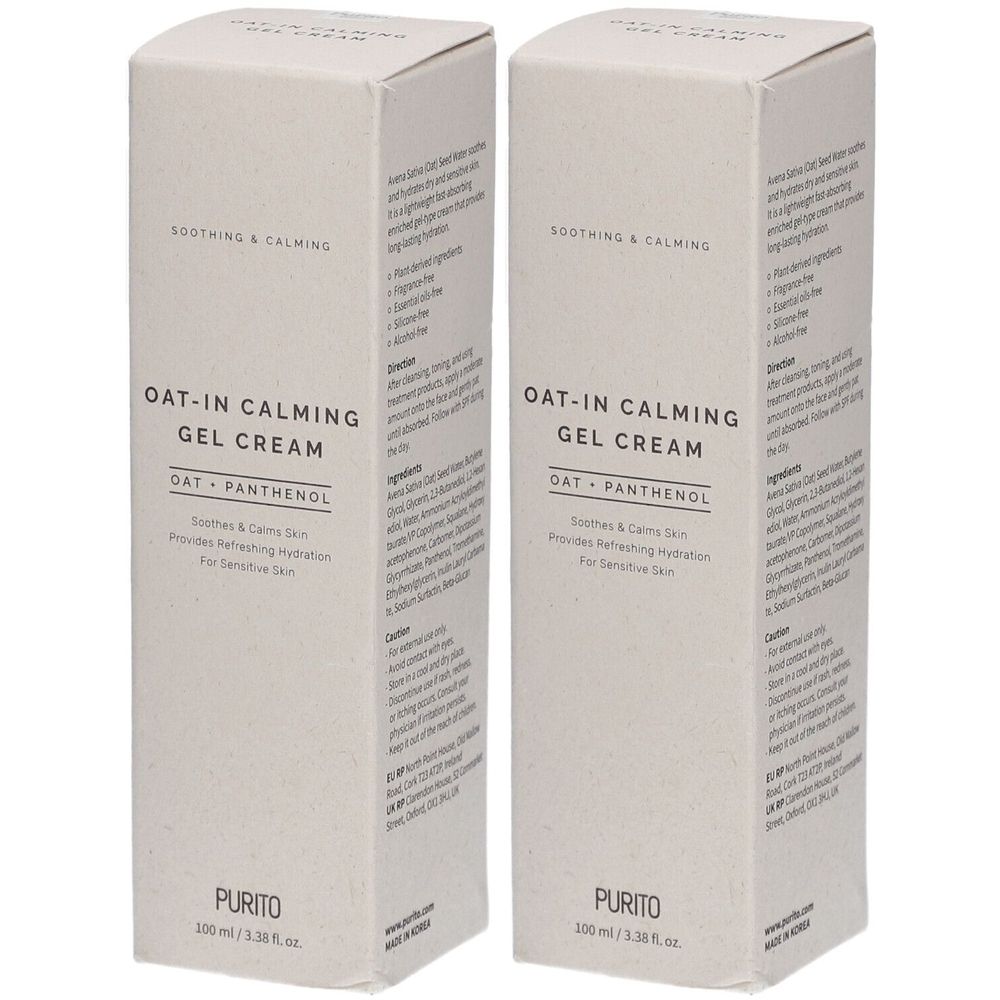 Twee rechthoekige dozen. Opschrift: OAT-IN CALMING GEL CREAM, OAT + PANTHENOL, PURITO. Engelse tekst.