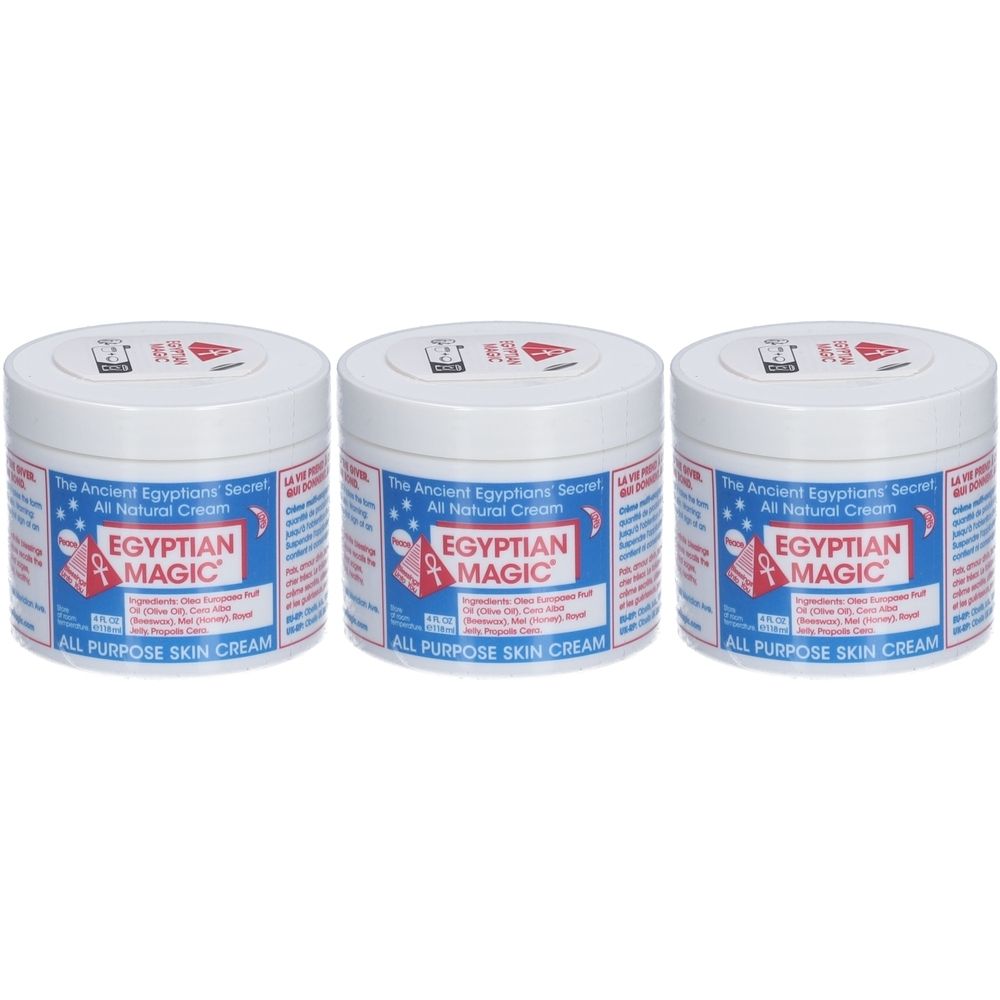 Drie witte potten met deksels. De etiketten tonen "EGYPTIAN MAGIC" en "ALL PURPOSE SKIN CREAM".