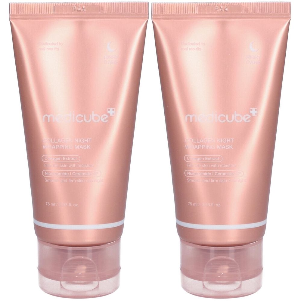 Twee roze gouden tubes. Opschrift: MEDICUBE+, Collagen Night Wrapping Mask. Met ingrediënten en logo.