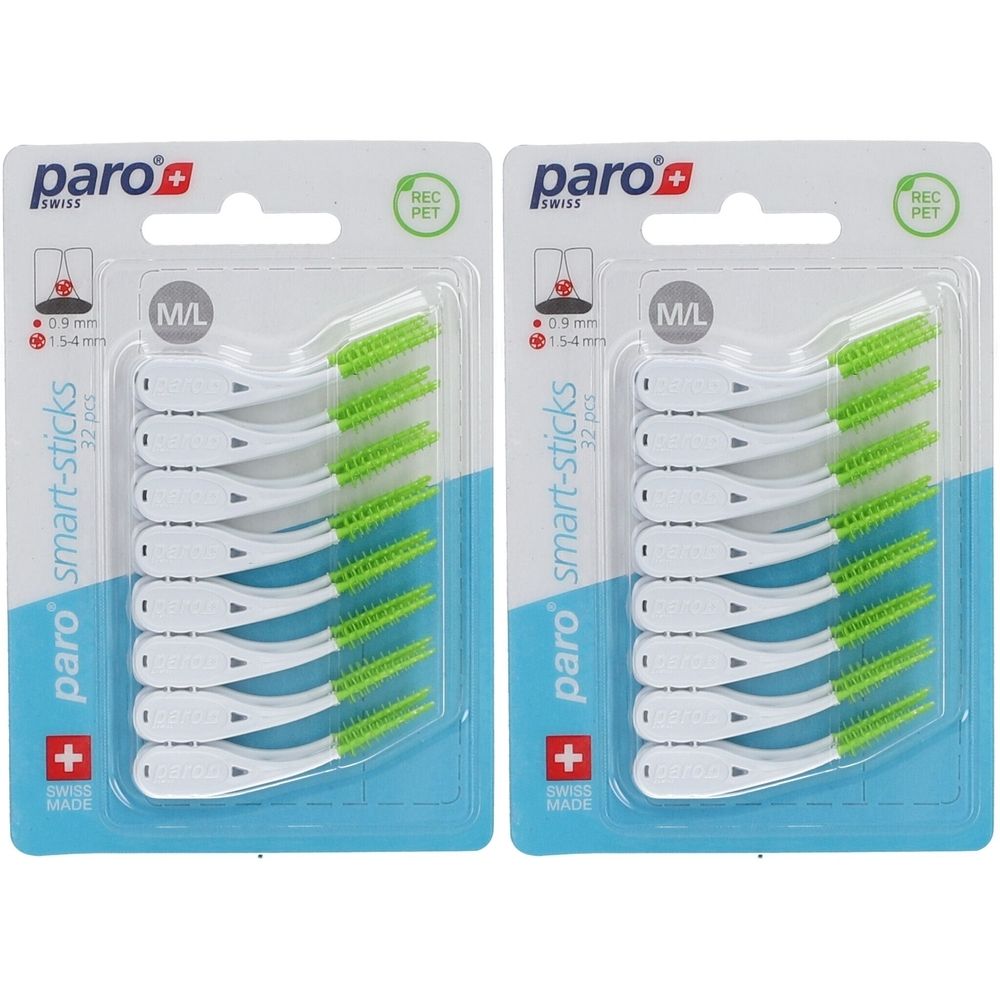 Deux blisters de paro smart-sticks. Chaque paquet contient 32 brossettes interdentaires avec manches blancs et brins verts. M/L.