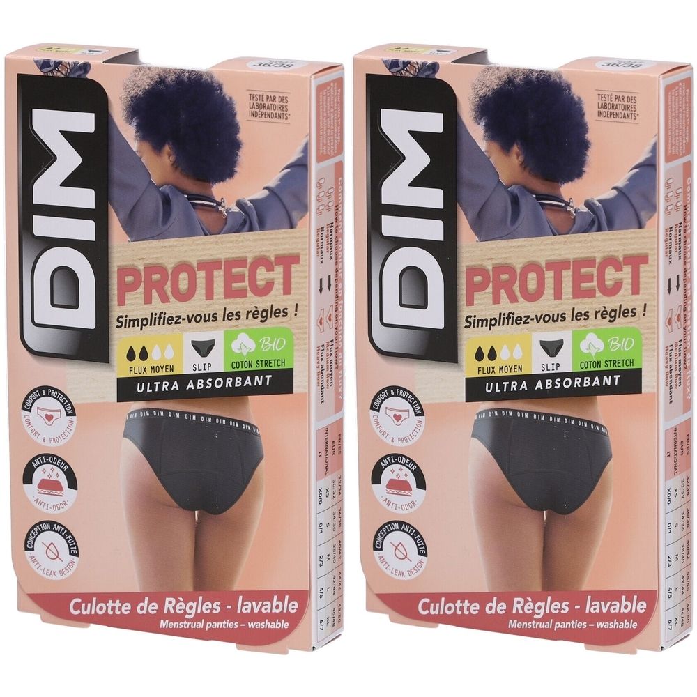 Twee verpakkingen van DIM Protect menstruatieslips. Zwarte slips, ultra-absorberend, biologisch katoen. Opschrift: Culotte de Règles - lavable.