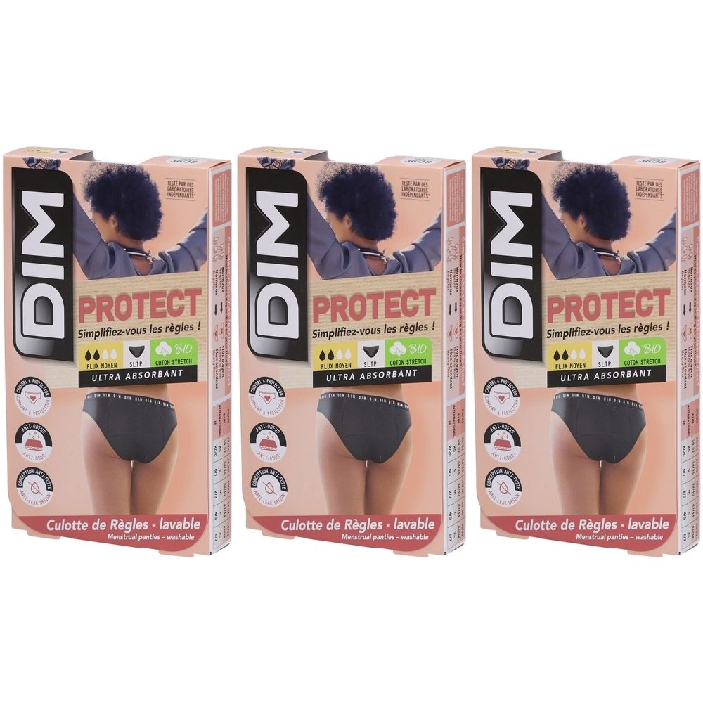 Drie verpakkingen van DIM Protect menstruatieslips. Elke verpakking toont een slip, met de woorden "PROTECT" en "ULTRA ABSORBANT".