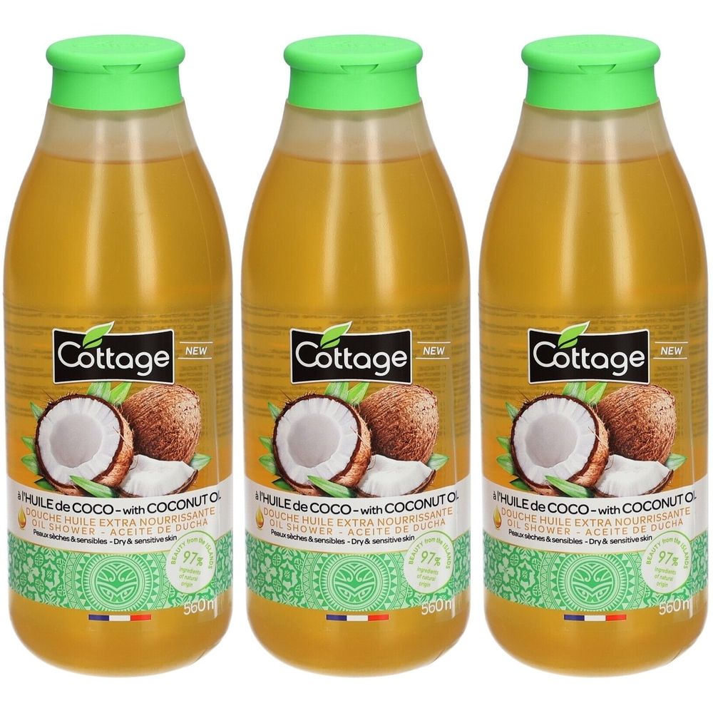 Drie flessen Cottage douche-olie met kokosolie. Groene dop. Voor droge en gevoelige huid. 97% natuurlijke ingrediënten.