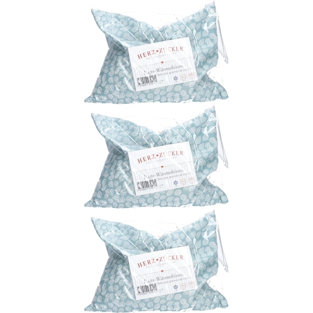 Drie HERZZUCKER® warmtekussens met raapzaad in folieverpakking. Lichtblauw patroon, wit etiket met productinfo.