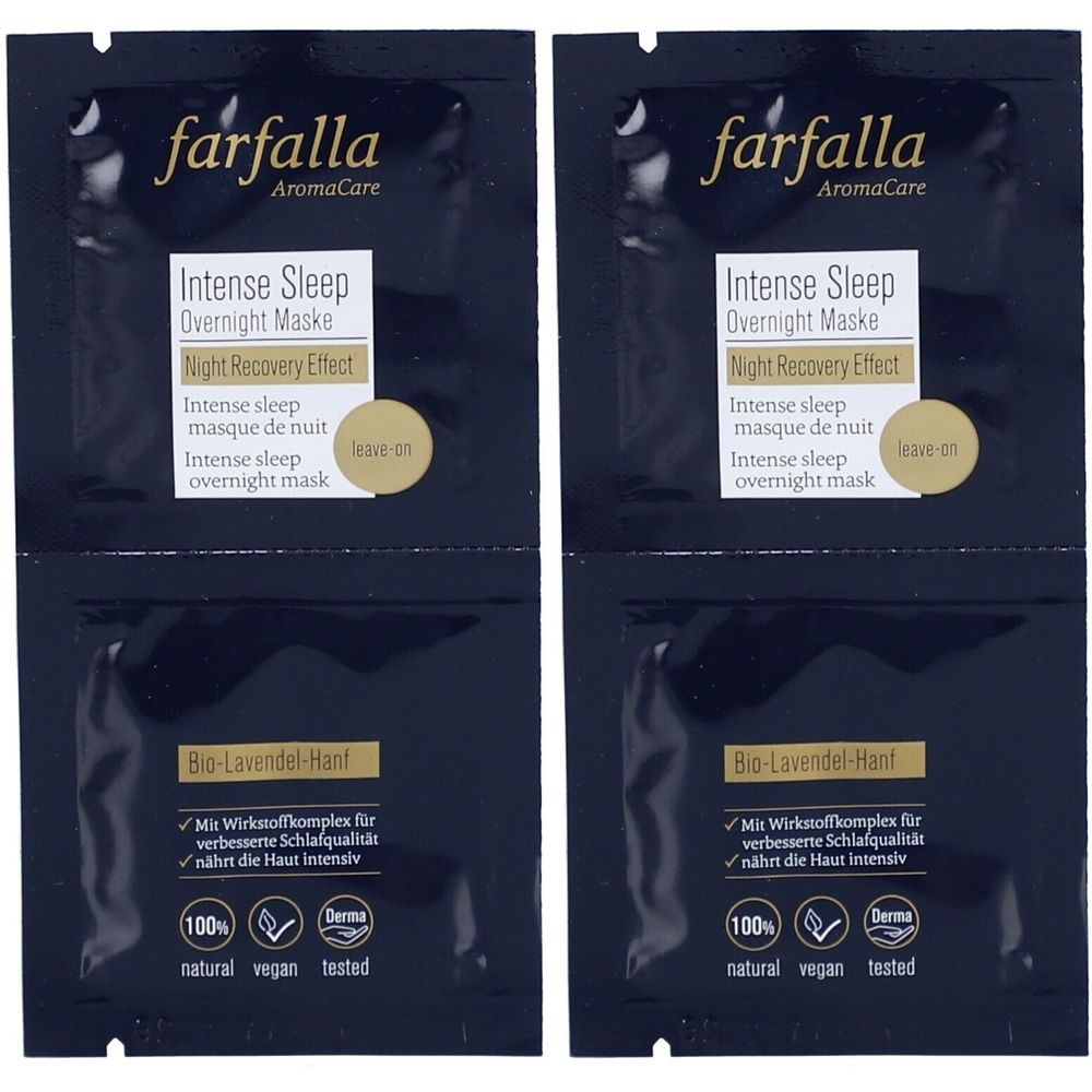 Vier zakjes "Farfalla Intense Sleep Overnight Maske". Bevat bio-lavendel-hennep en Derma-certificering.