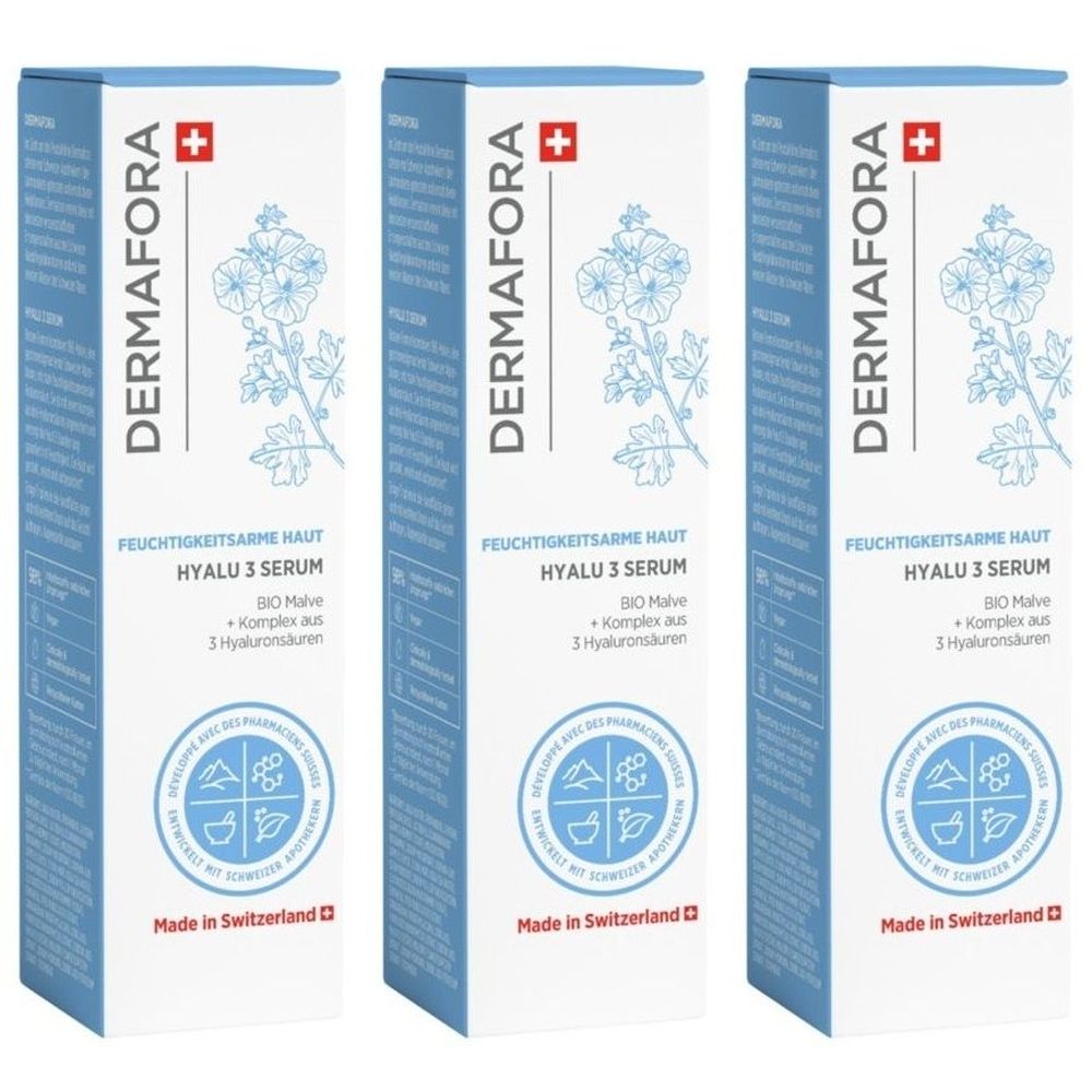 Trois boîtes identiques de sérum DERMAFORA. Inscription : HYALU 3 Serum, Bio Malve, complexe aux 3 acides hyaluroniques. Fabriqué en Suisse.