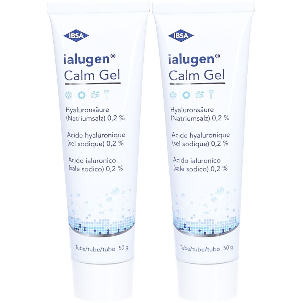 Deux tubes de Ialugen® Calm Gel. Tubes blancs avec texte bleu. Contient de l'acide hyaluronique. 50g.