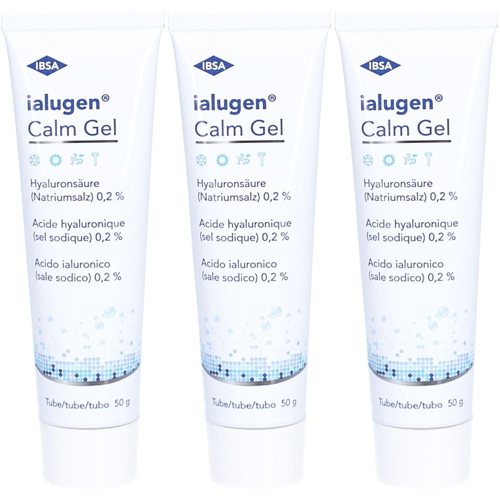 Drie tubes Ialugen Calm Gel. Witte tubes met blauwe tekst. Bevat hyaluronzuur. Opschrift: Tube/tube/tubo 50g.