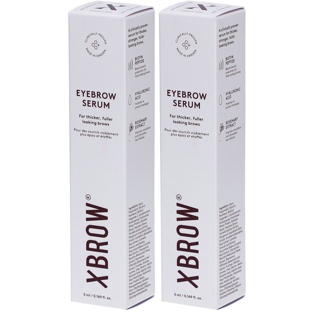 Twee witte verpakkingen met 'EYEBROW SERUM'. Bevat hyaluronzuur en rozemarijn extract. Merk XBROW.