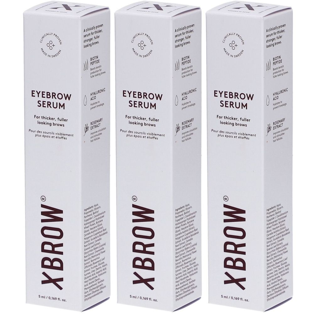 Drie witte dozen met de tekst 'EYEBROW SERUM'. Elke doos heeft 'XBROW' en ingrediënten.