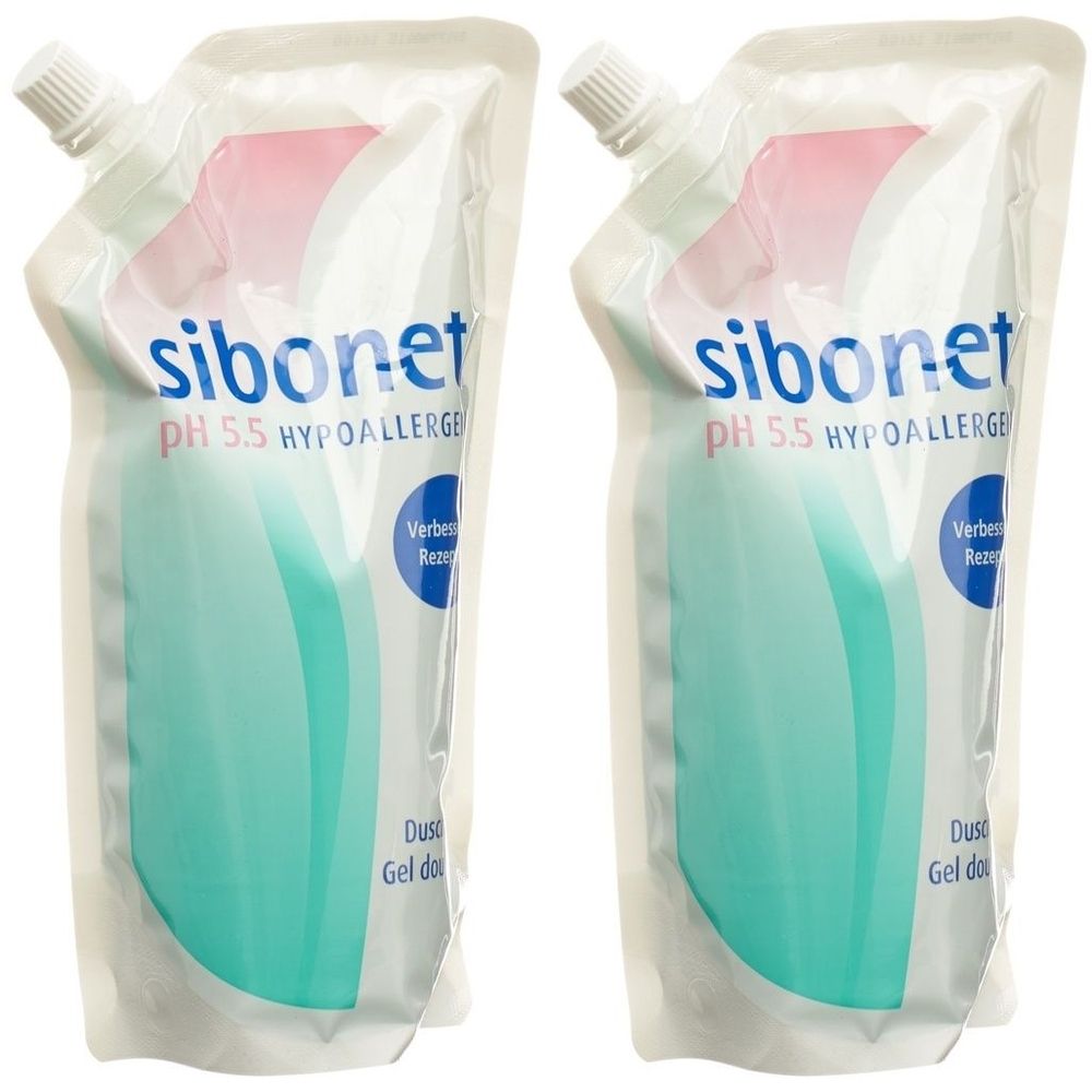 Twee navulverpakkingen douchegel. Opschrift: sibonet, pH 5.5, hypoallergeen. Turkoois-wit design met witte schroefdop.