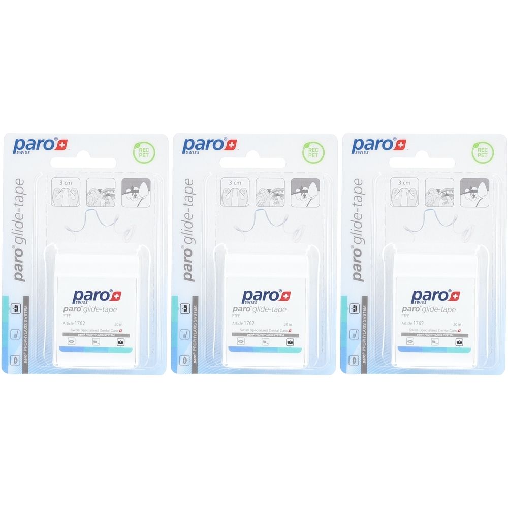 Drie verpakkingen paro® Glide-Tape floss. Elke verpakking bevat een witte rol floss in een blisterverpakking met logo en informatie.