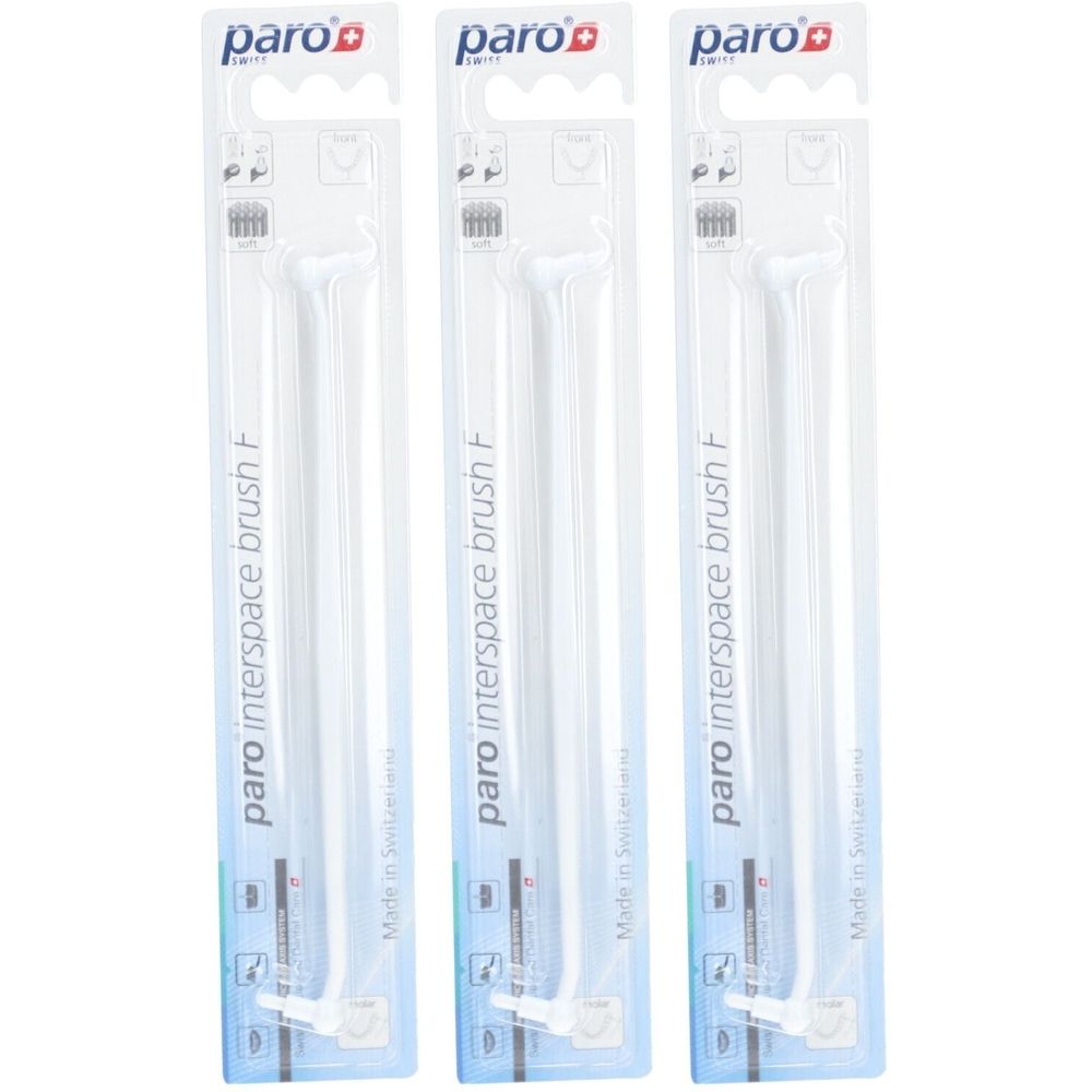 Drie blisterverpakkingen met witte paro interdentale borstels. Opschrift: paro interspace brush F. Gemaakt in Zwitserland.