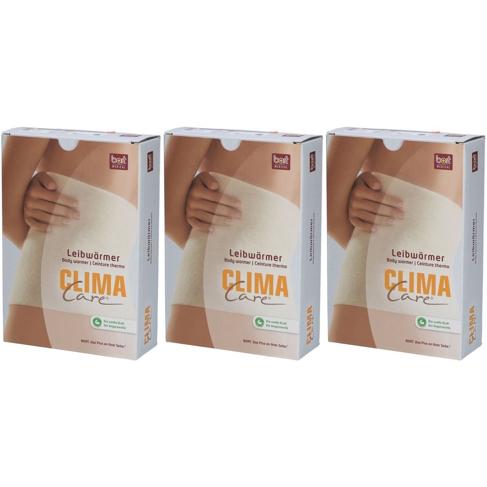Drie productverpakkingen. Elke doos toont "Leibwärmer CLIMA Care". Beige product op afbeelding. Merk BORT.