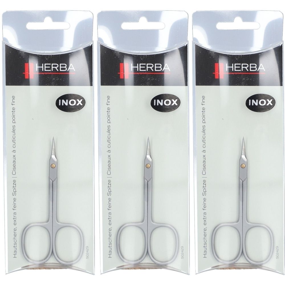 Drie nagelschaartjes in verpakking. Merk HERBA, roestvrij staal, fijne punt. Opschrift INOX.