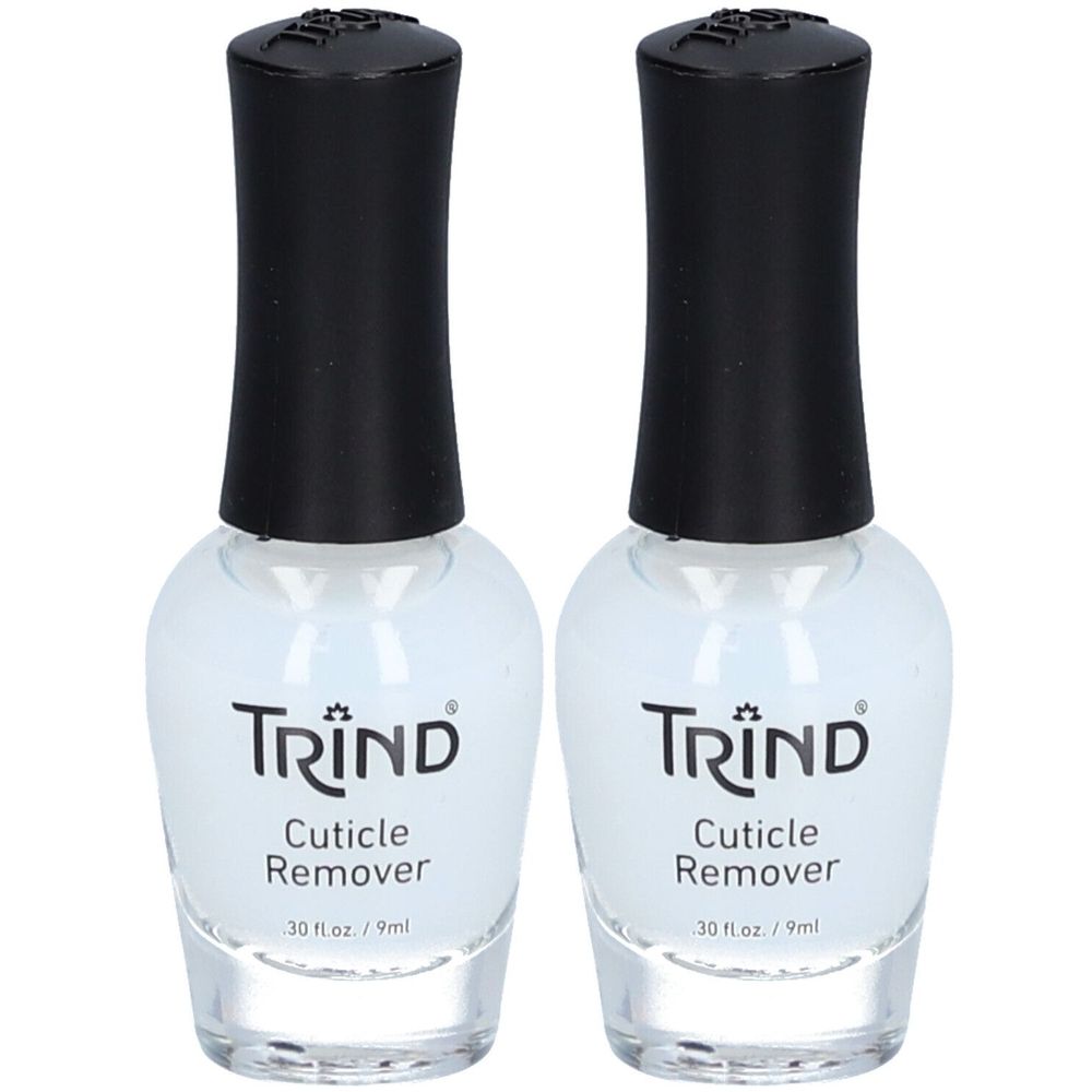 Twee flesjes nagelriemverwijderaar. Heldere vloeistof in glazen flesjes met zwarte dop. Opschrift: TRIND, Cuticle Remover.