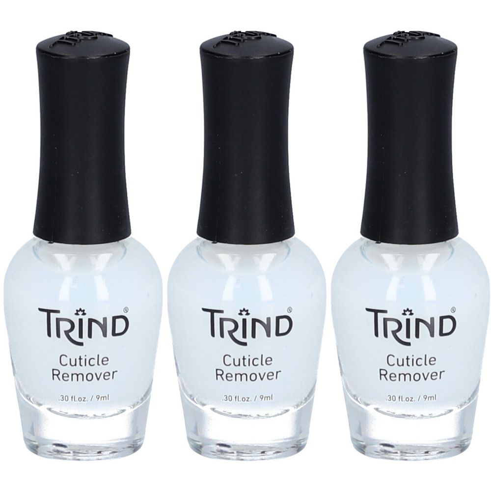 Drie flessen TRIND Cuticle Remover. Heldere vloeistof in glazen flessen met zwarte dop. Opschrift: Cuticle Remover.