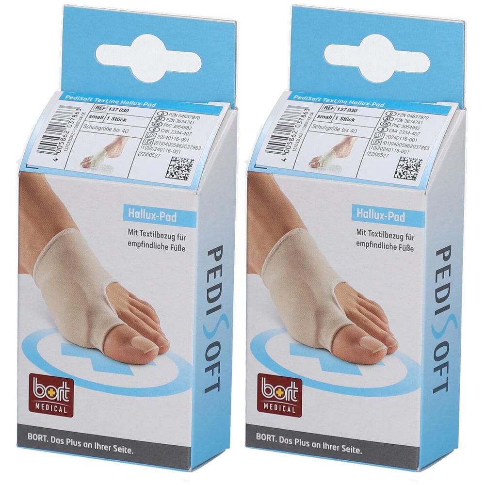 Deux boîtes de PediSoft Hallux-Pad. Pads beiges sur pieds, nom du produit et logo visibles. Texte: Hallux-Pad, PediSoft, Bort Medical.