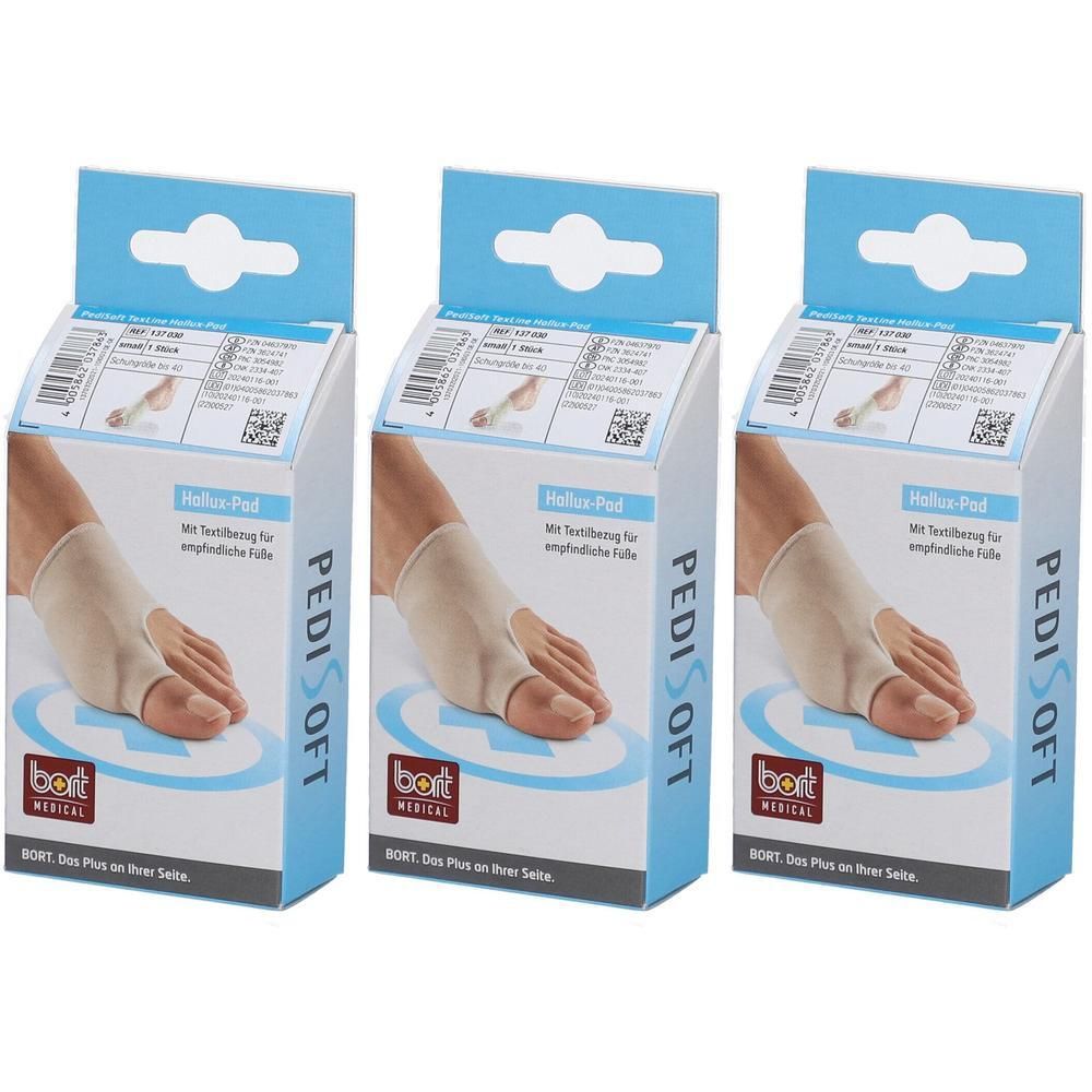Drie verpakkingen Bort PediSoft Halluxkussens. Beige kussens op voet, in blauwe dozen met productinfo en logo.