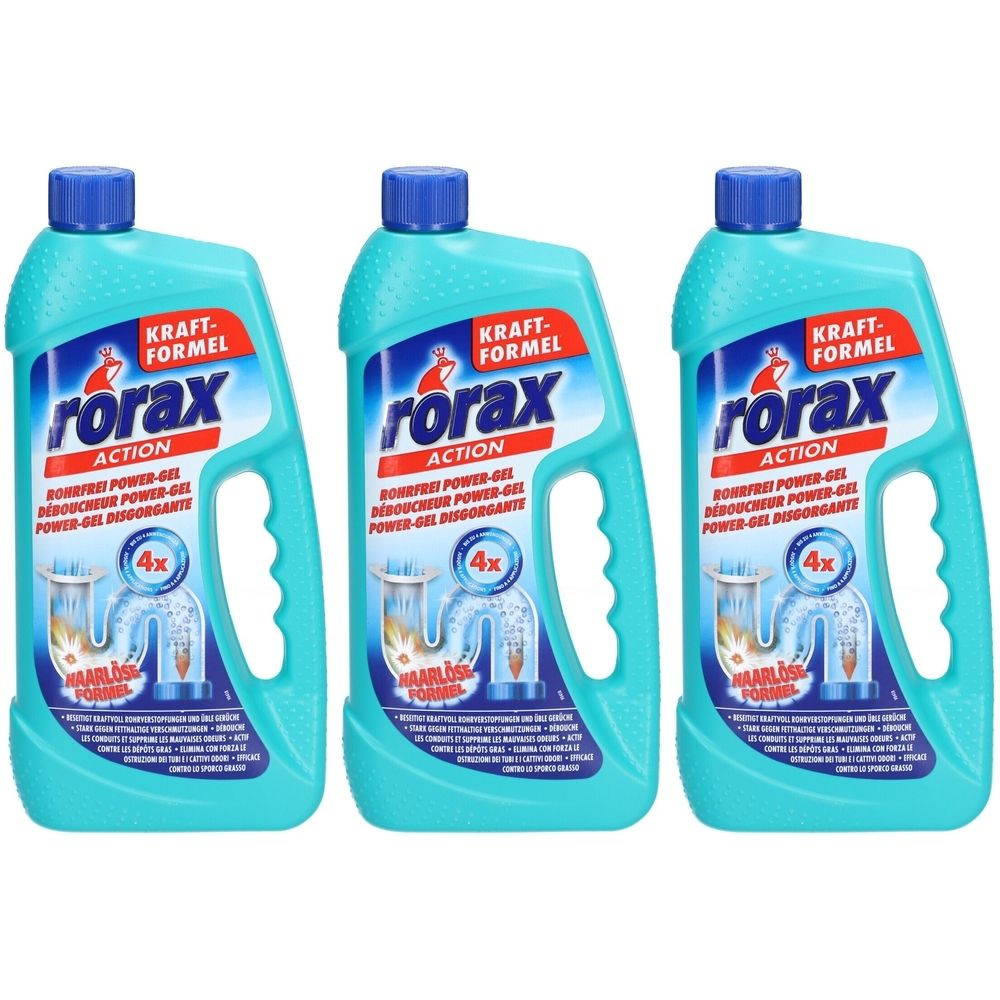Drie flessen Rorax Action Power-Gel. Turquoise flessen met blauwe dop. Opschrift: Kraft-Formel, 4x.