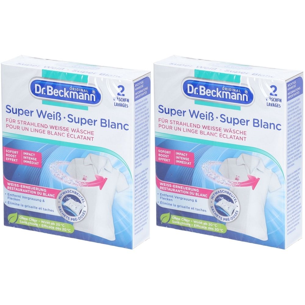 Twee dozen Dr. Beckmann Super Wit. Opschrift: Super Wit - Super Blanc. Afbeelding van een wit overhemd met pijl. 2 wasbeurten.