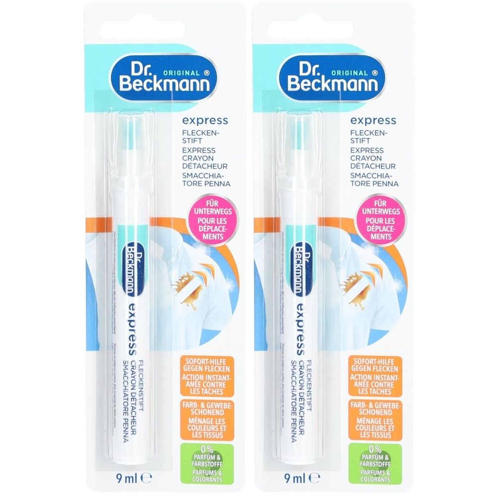 Twee vlekverwijderpennen in blisterverpakking. Opschrift: Dr. Beckmann, express Flecken-Stift. 9 ml.