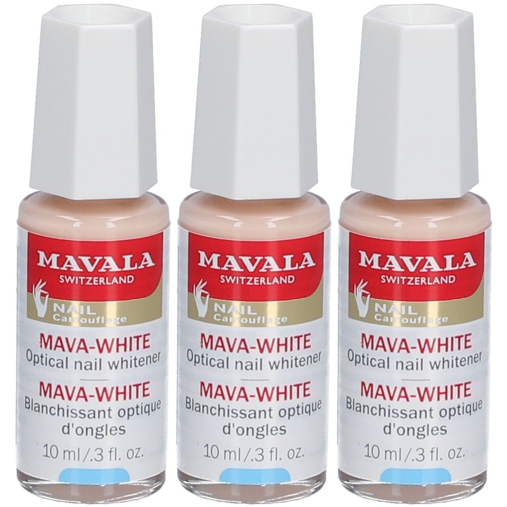 Trois flacons de Mava-White. Chaque flacon a un bouchon blanc et une étiquette avec le nom de la marque et le nom du produit.