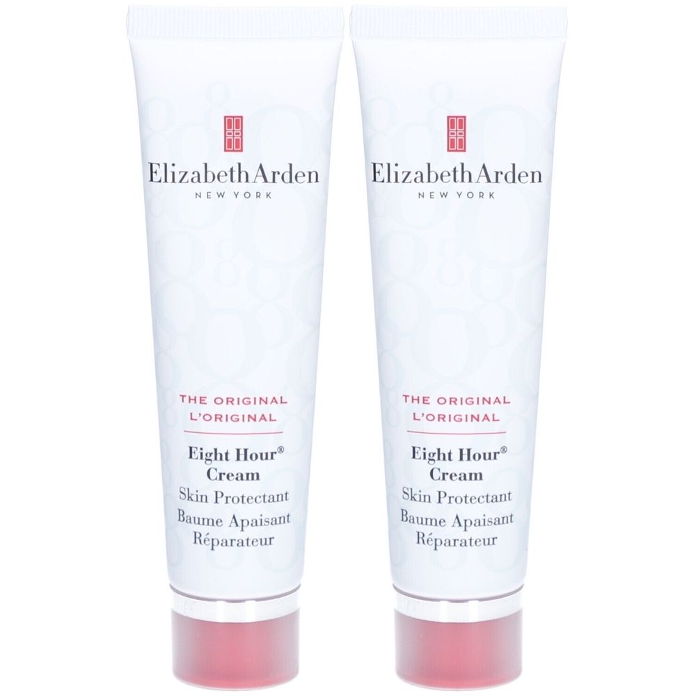 Twee tubes huidbeschermende crème van Elizabeth Arden. Opschrift: Eight Hour Cream, Skin Protectant, Baume Apaisant, Réparateur.