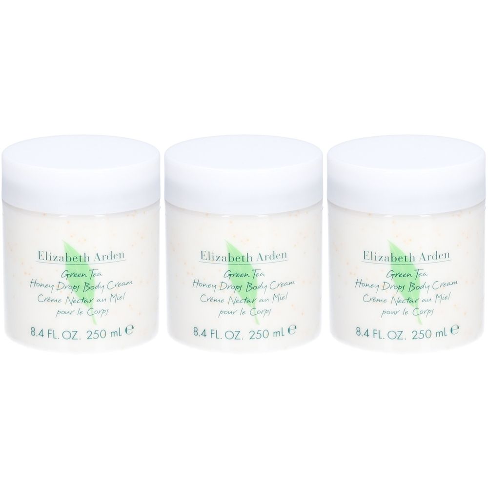 Trois pots de crème avec couvercles blancs. Inscription: Elizabeth Arden, Green Tea, Honey Drops Body Cream. 8.4 FL. OZ. 250 ml.