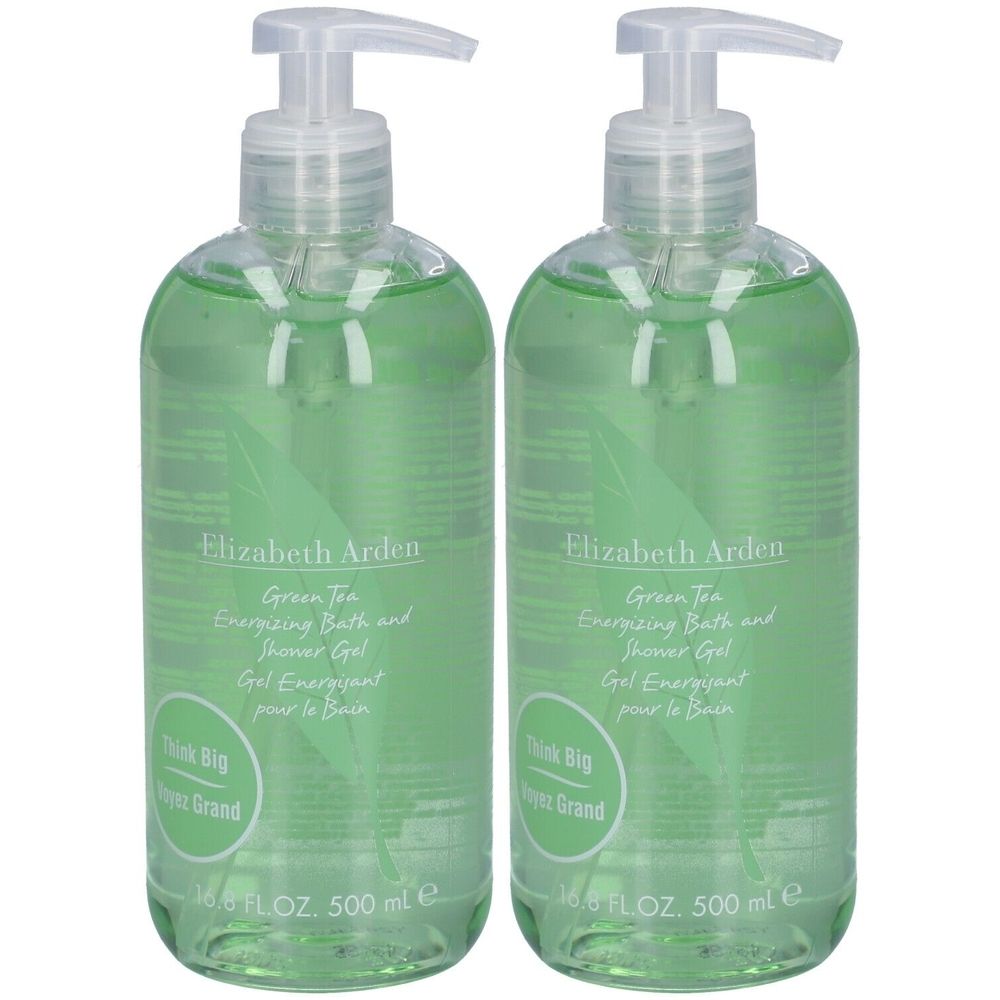 Twee groene douchegel flessen met pomp. Opschrift: Elizabeth Arden Green Tea Energizing Bath and Shower Gel. 500 ml.