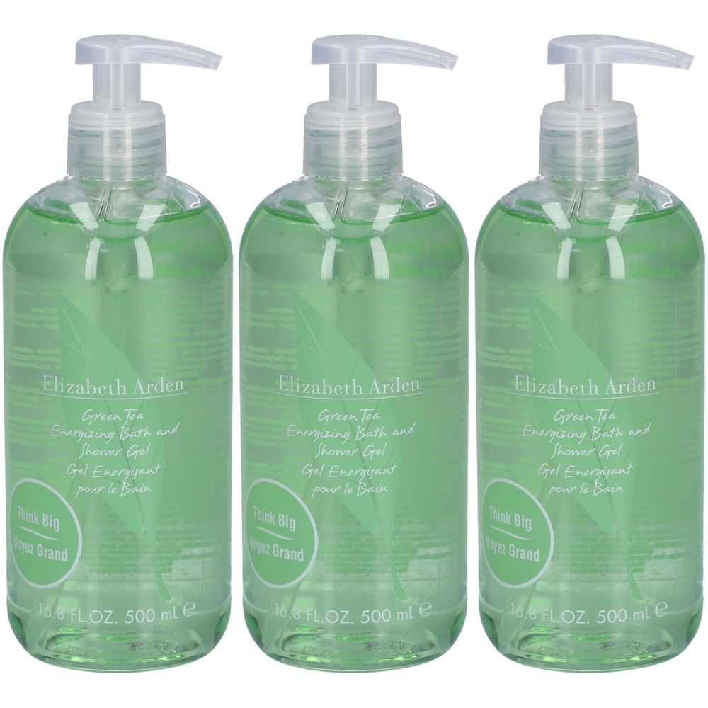 Trois flacons verts avec pompe. Inscription: Elizabeth Arden Green Tea Energizing Bath and Shower Gel. 500 ml.