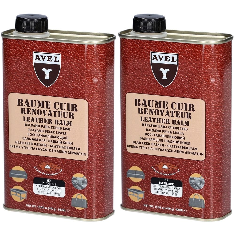 Deux boîtes métalliques marron avec couvercles noirs. Inscription: AVEL, Baume Cuir Renovateur, Leather Balm. Incolore.