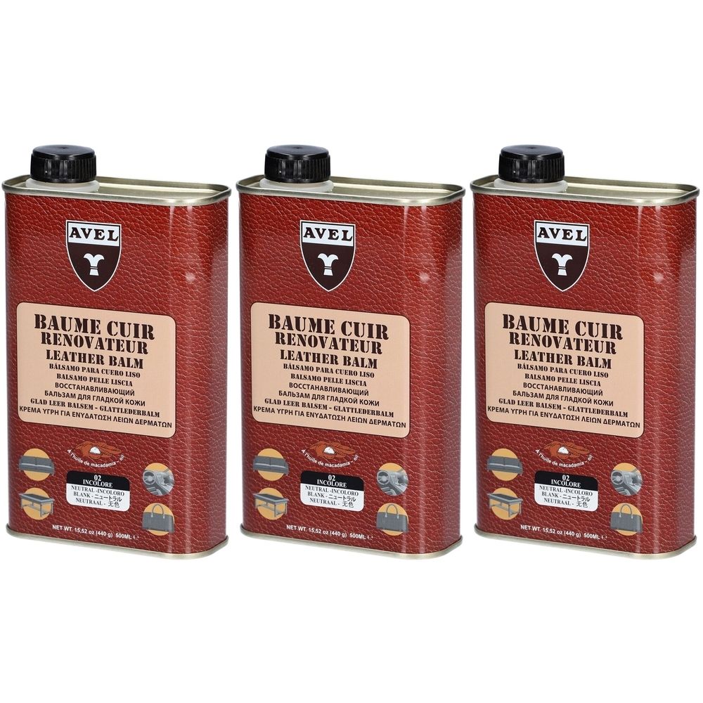 Trois boîtes de Baume Cuir Renovateur AVEL. Boîtes marron avec couvercle noir. Texte: Baume Cuir Renovateur, Leather Balm.