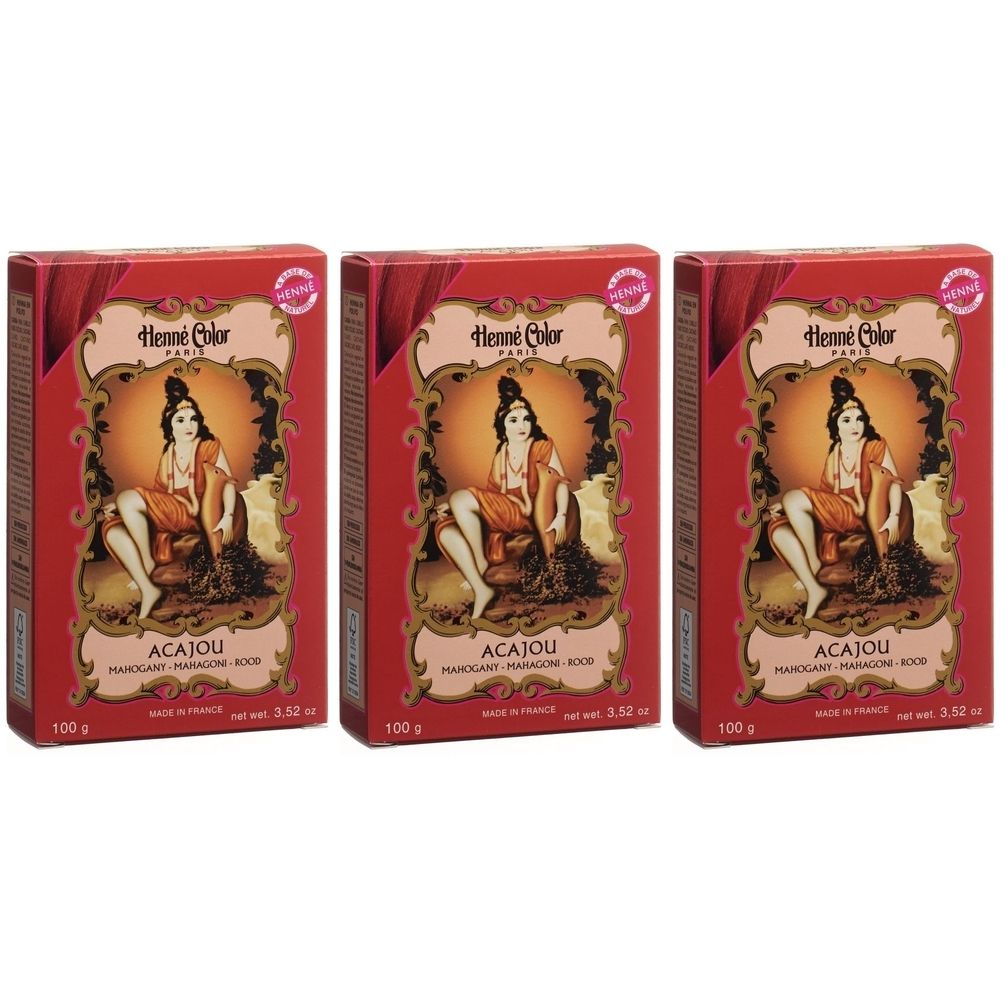 Trois boîtes rouges Henna Color Paris. Inscription: Acajou, Mahagoni-Rood. Illustration d'une femme. 100 g.