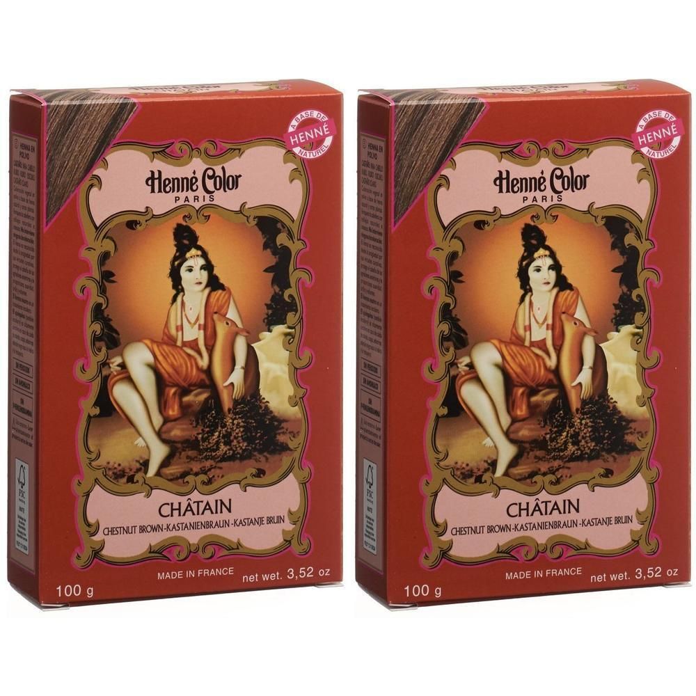 Twee dozen Henna Color Kastanjebruin. Rode verpakking met afbeelding van een vrouw. Tekst: Châtain, 100 g, net wt. 3.52 oz.