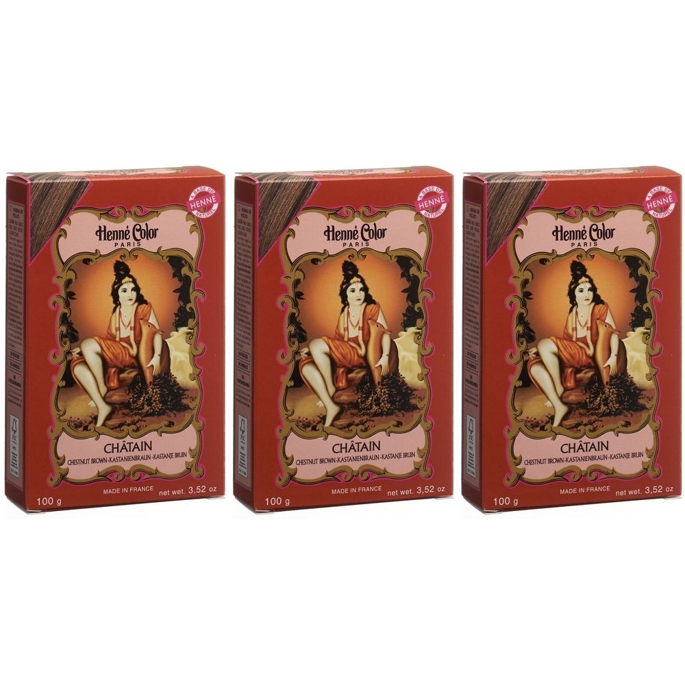 Drie dozen Henna Color Kastanjebruin. Rode verpakking met afbeelding van een vrouw. Tekst: Châtain, 100 g, 3.52 oz.