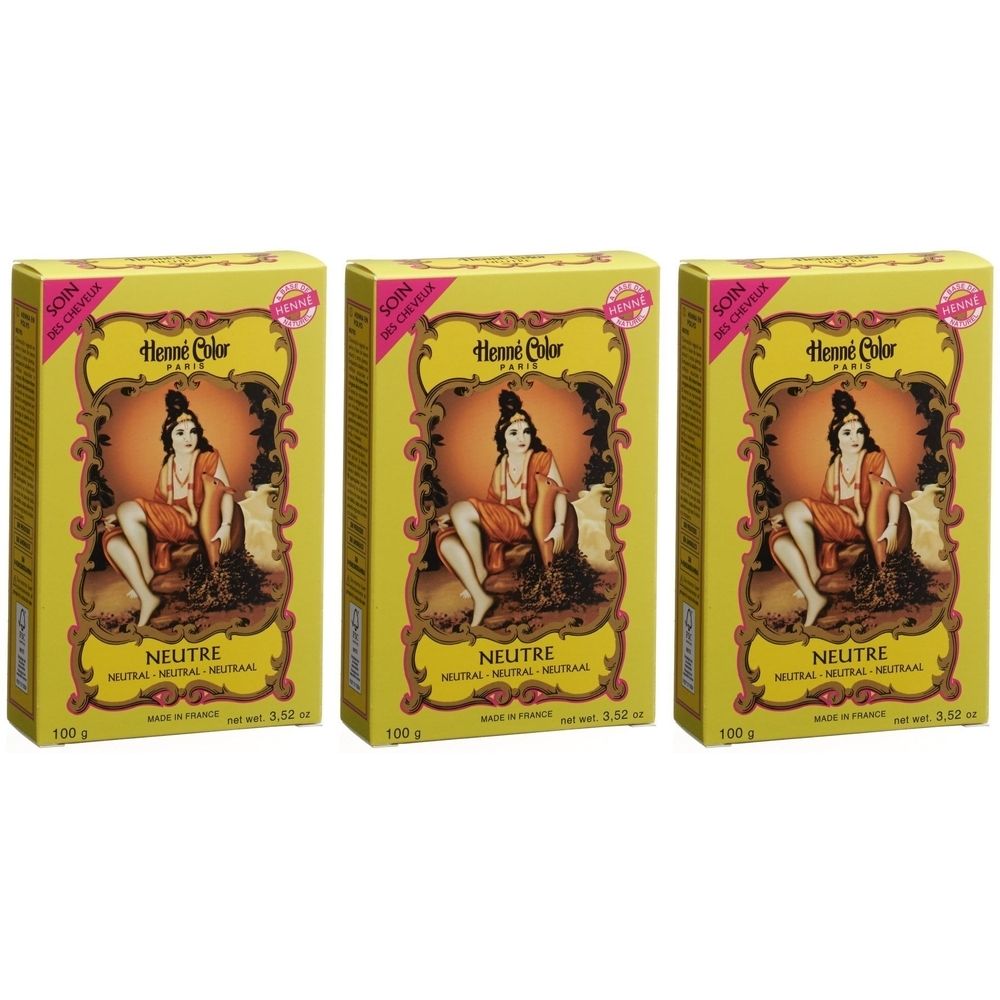 Trois boîtes jaunes de Henna Color Paris. Chaque boîte présente une femme. Le mot 'NEUTRE' est visible.