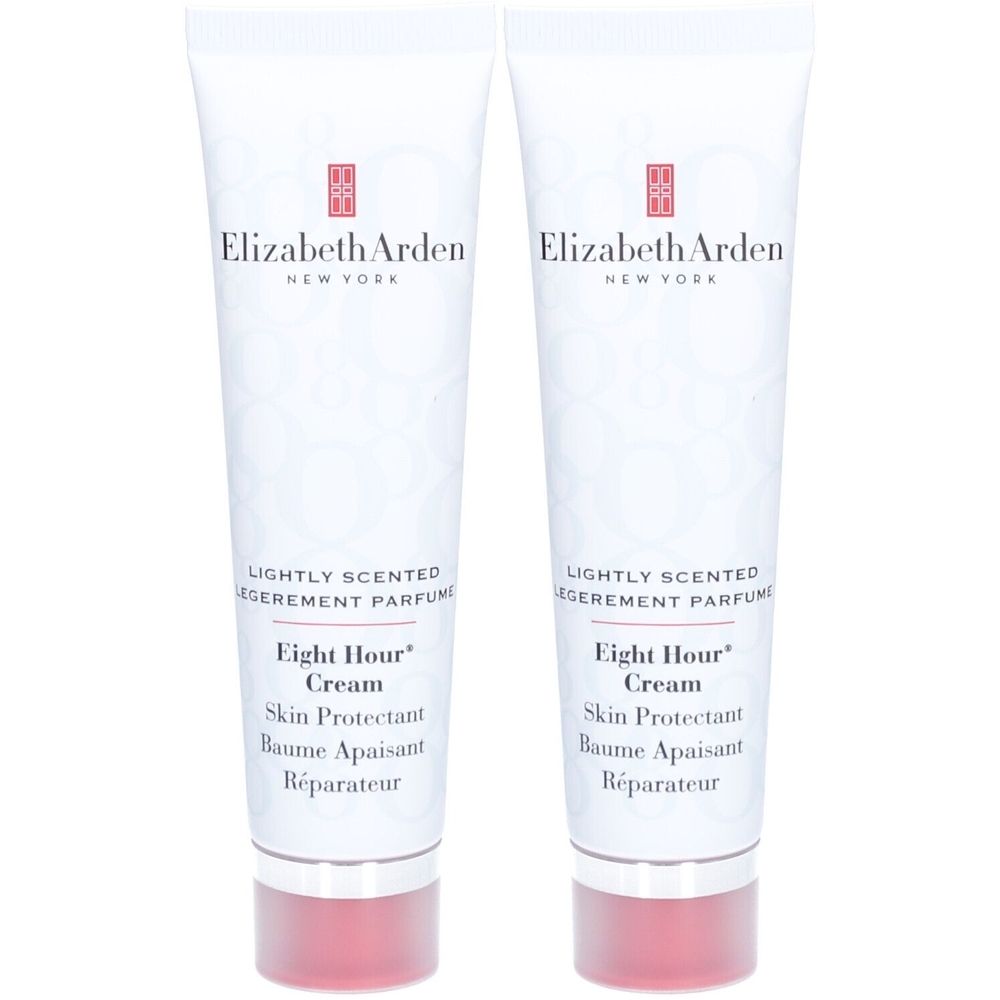 Deux tubes de crème Elizabeth Arden Eight Hour®. Tubes blancs avec bouchon rouge. Texte: Skin Protectant, Baume Apaisant, Réparateur.