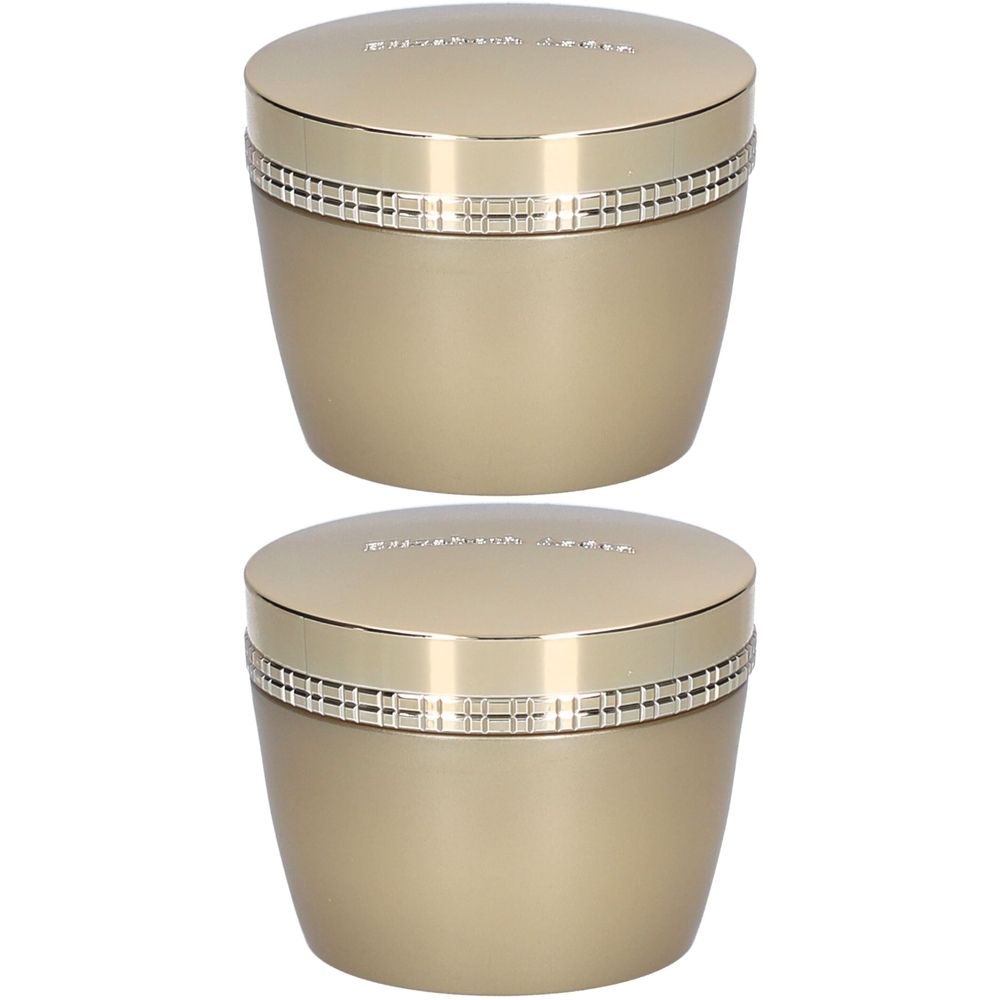 Deux pots dorés avec couvercles. Couvercles avec bordure argentée. Inscription sur le couvercle.