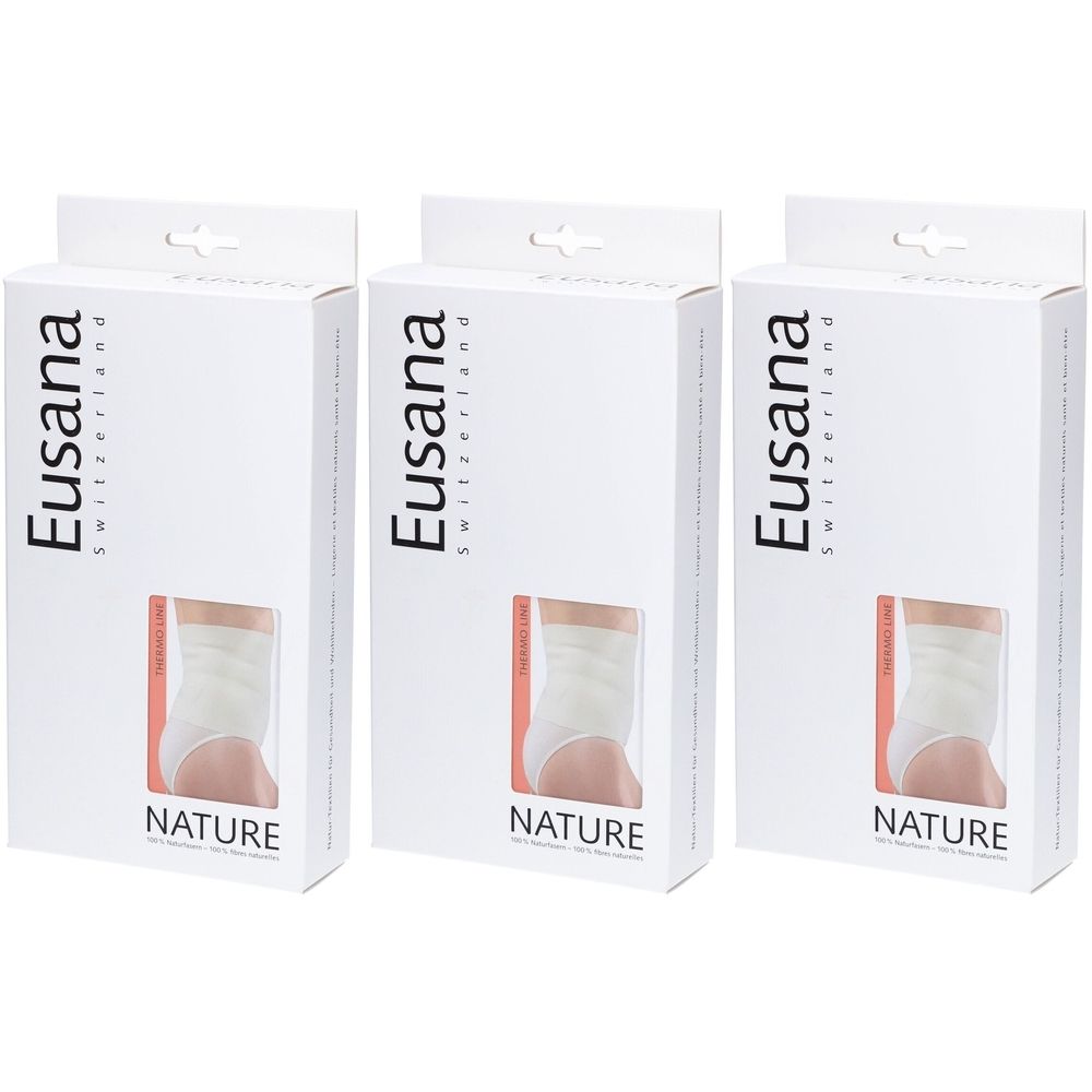 Trois boîtes blanches avec fenêtre. Impression: Eusana Switzerland, illustration du produit, NATURE.