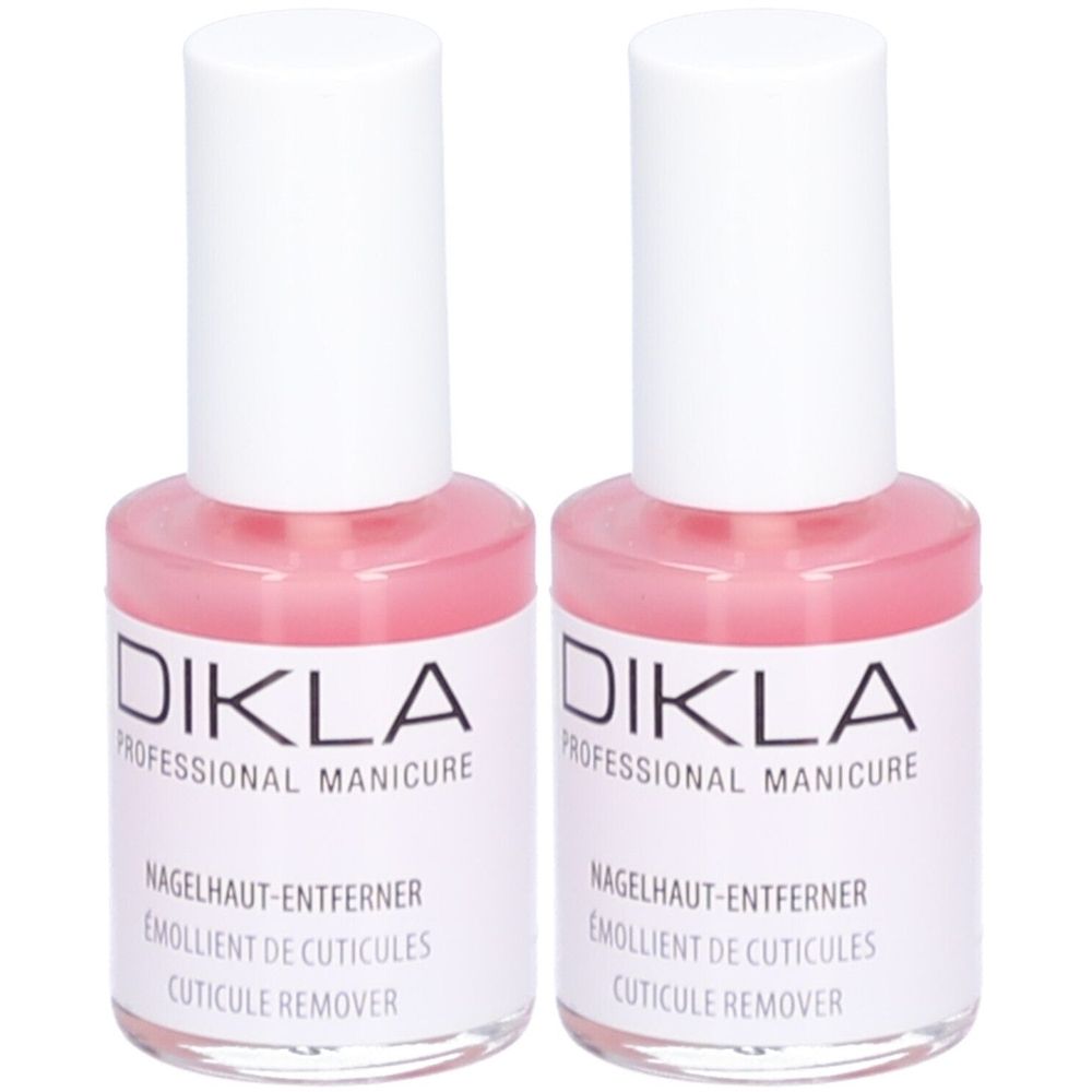 Deux flacons de dissolvant pour cuticules DIKLA. Bouchons blancs, liquide rose. Inscription : PROFESSIONAL MANICURE, Nagelhaut-Entferner, EMOLLIENT DE CUTICULES, CUTICULE REMOVER.