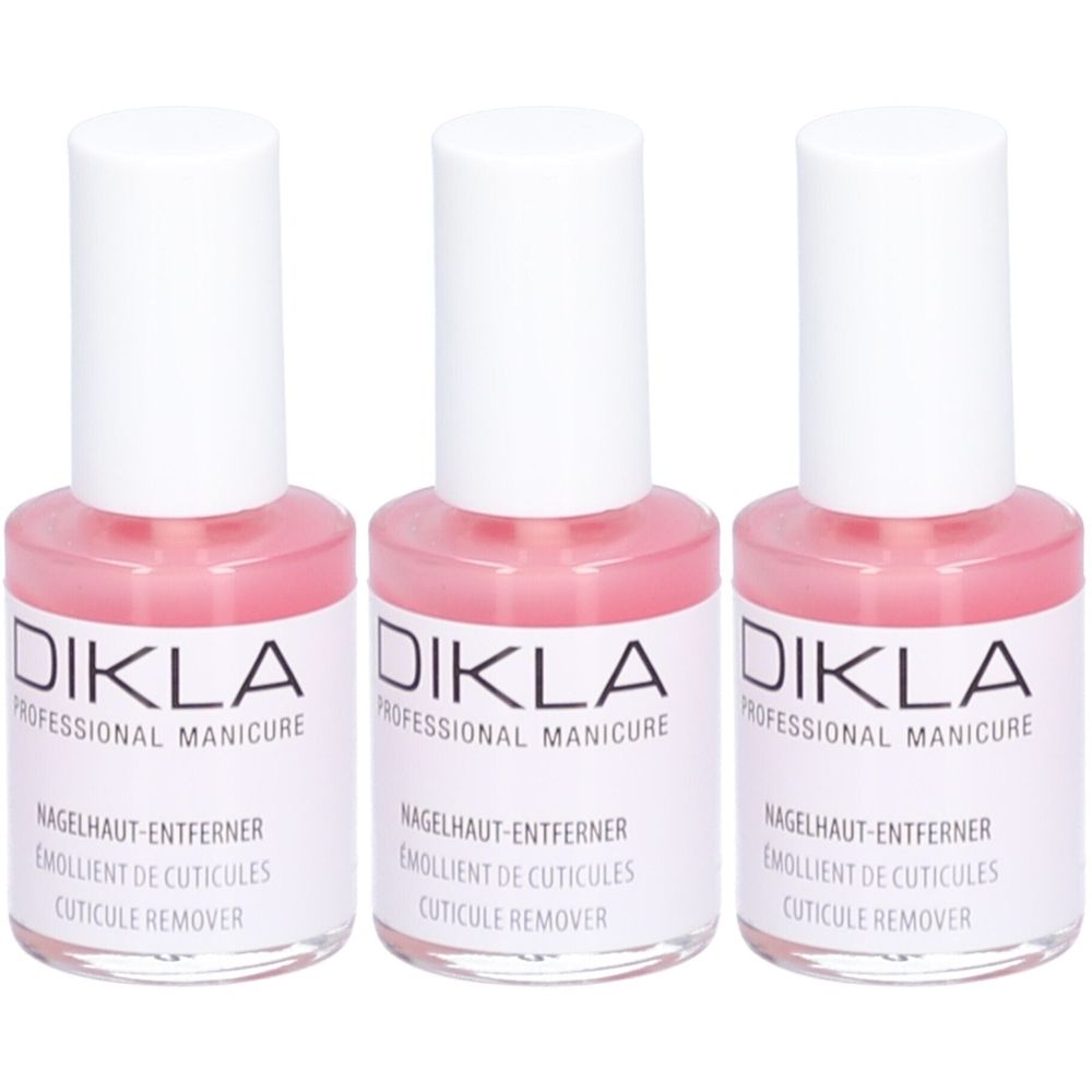Trois flacons de dissolvant pour cuticules DIKLA. Bouchons blancs, liquide rose. Inscription: PROFESSIONAL MANICURE, Nagelhaut-Entferner, Emollient de cuticules, Cuticule Remover.