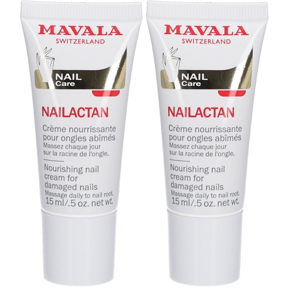 Deux tubes de crème pour ongles abîmés. Inscription: MAVALA, NAILACTAN, Crème nourrissante pour ongles abîmés, 15 ml.