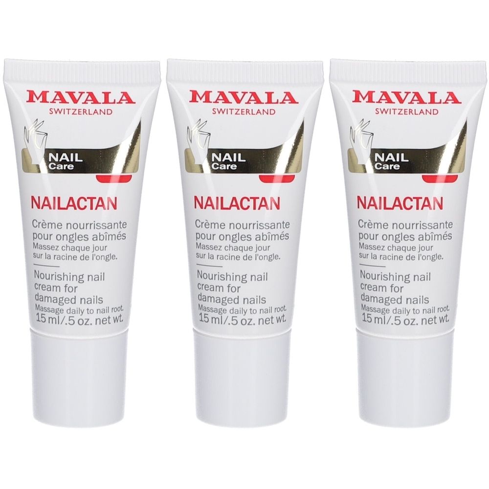 Trois tubes de crème pour les ongles. Inscription: MAVALA, NAILACTAN, Crème nourrissante pour ongles abîmés, Nourishing nail cream for damaged nails.