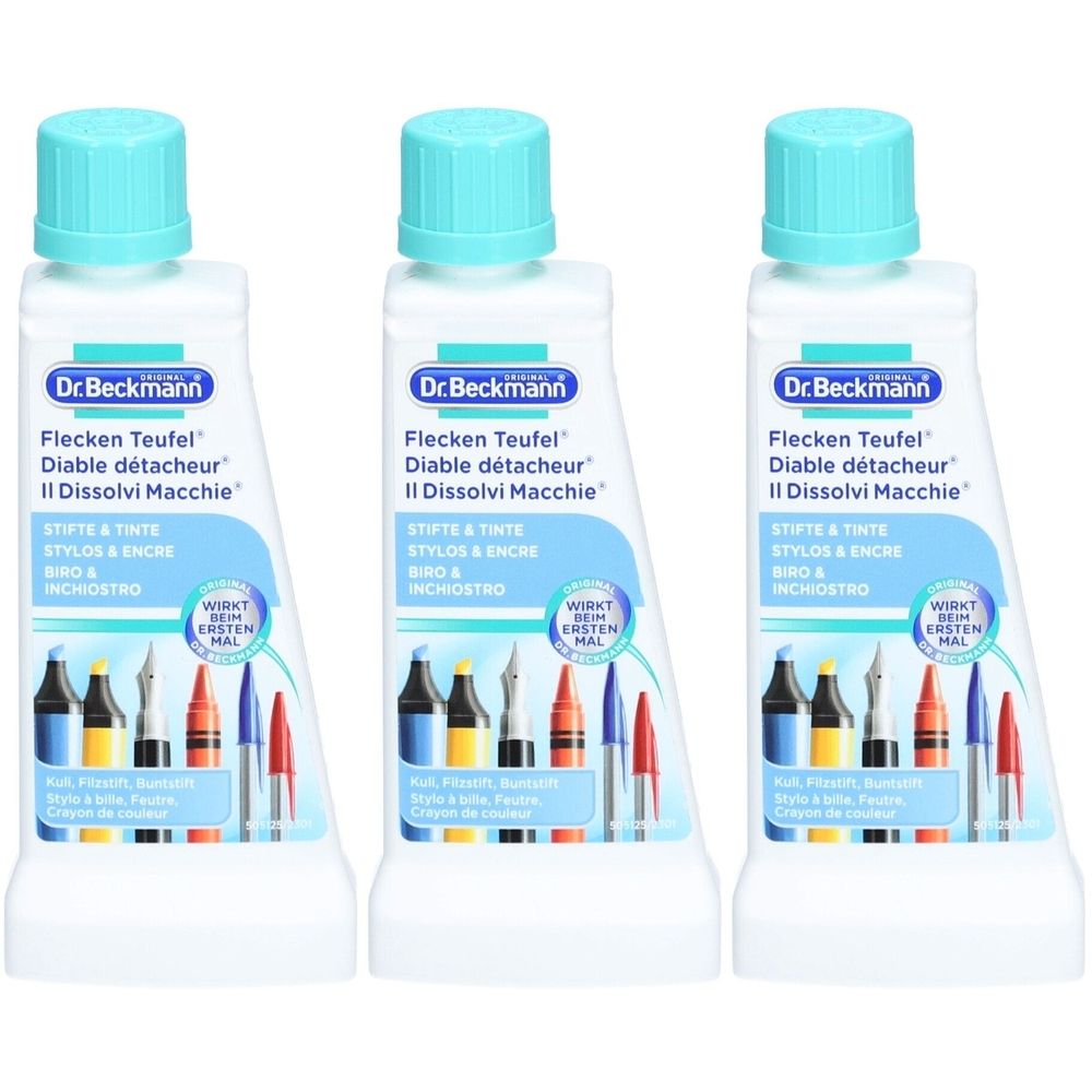 Drie flessen met blauwe dop. Opschrift: Dr. Beckmann Flecken Teufel, Stiften & Inkt. Afbeelding van pennen.