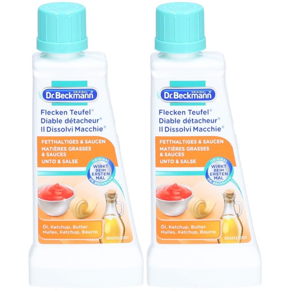 Deux flacons de Dr. Beckmann Diable Détacheur. Flacons blancs avec bouchons turquoise. Étiquette avec nom du produit et illustrations d'huile, ketchup et beurre.