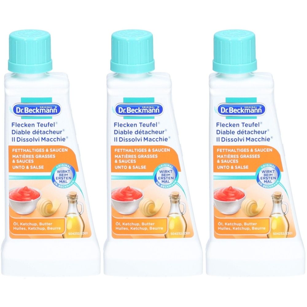 Trois flacons de Dr. Beckmann Diable Détacheur. Flacons blancs avec bouchons turquoise. Inscription: Diable Détacheur, matières grasses & sauces.